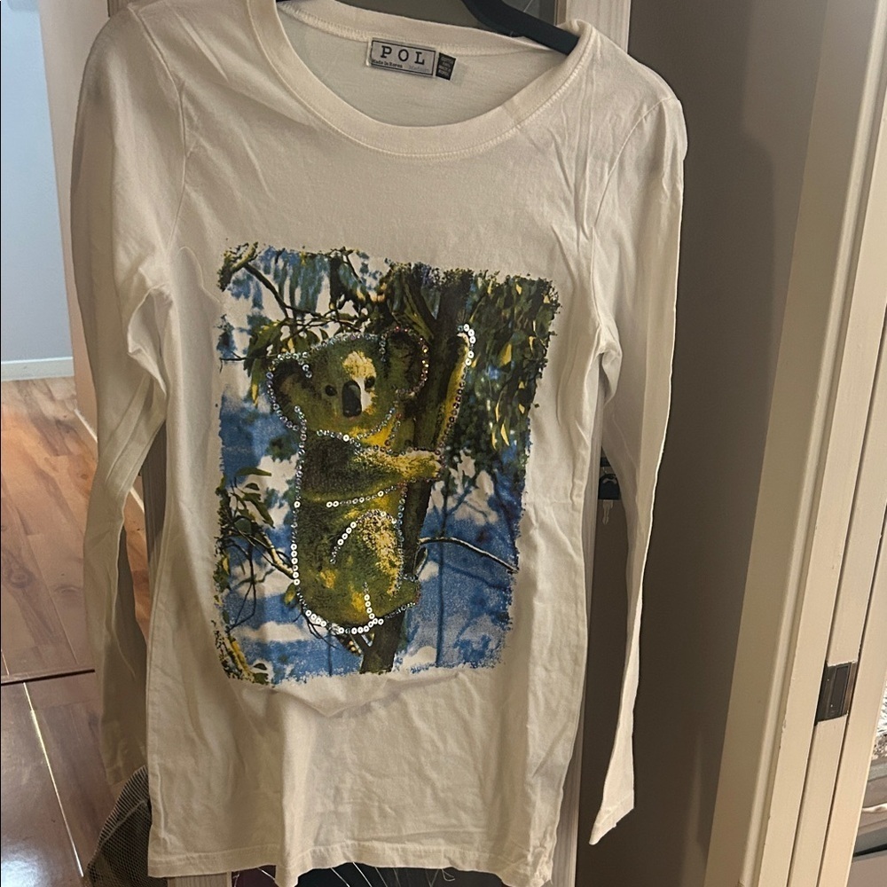 POL Long Sleeve Tee with Koala Print - White and Blue NWOT